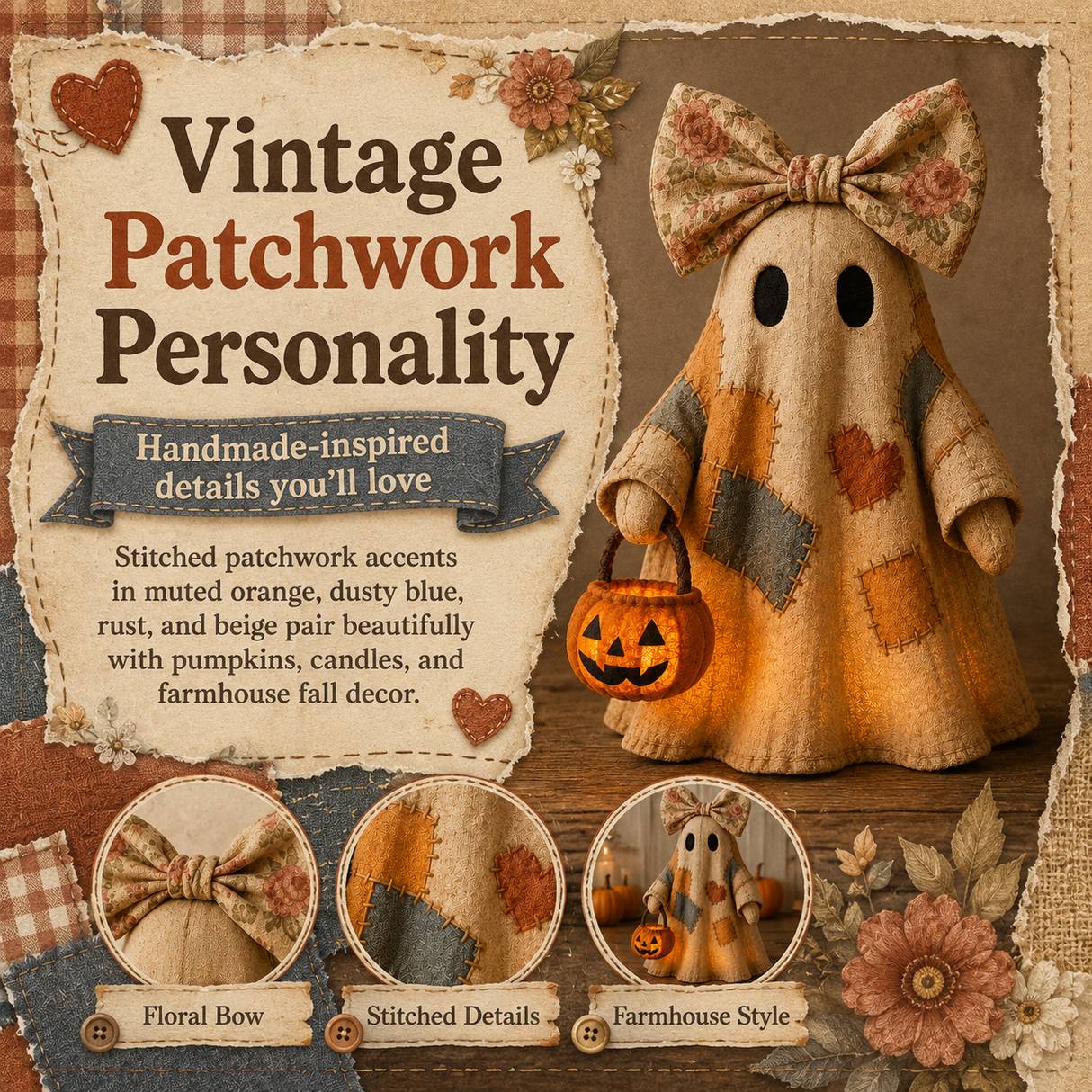 🔥 50% OFF TODAY - 👻🎃 Vintage Patchwork Ghost Decor(✨ LED Pumpkin Lantern}