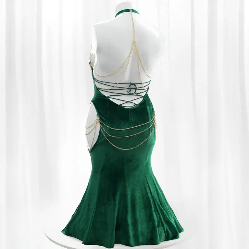 Sexy Halter Hollow Out Backless Chain Fishtail Lingerie Dress