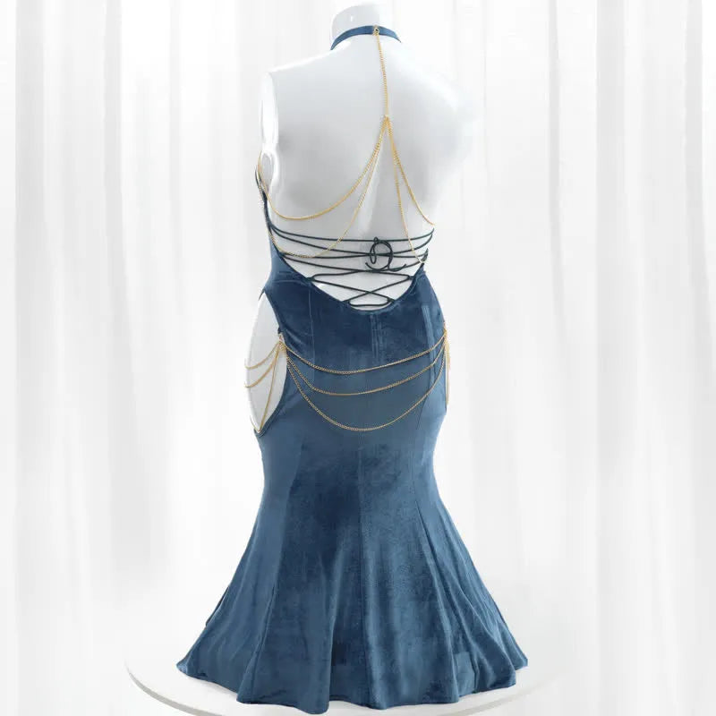 Sexy Halter Hollow Out Backless Chain Fishtail Lingerie Dress