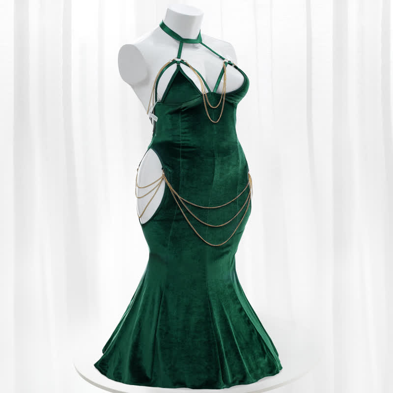 Sexy Halter Hollow Out Backless Chain Fishtail Lingerie Dress