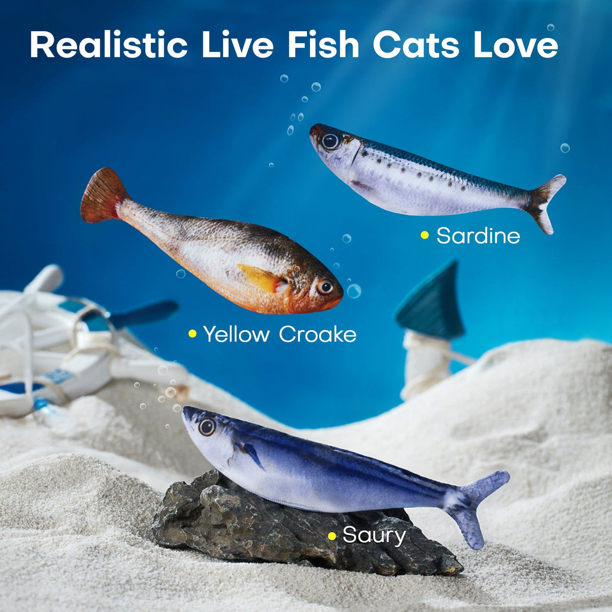 Potaroma Bite-Sized Realistic Flopping Fish Cat Toy, 3-Pack