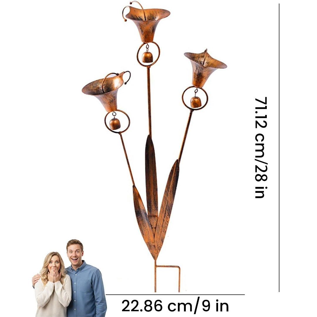 Flamed Copper Three Calla Lilies Garden Stake with Bells