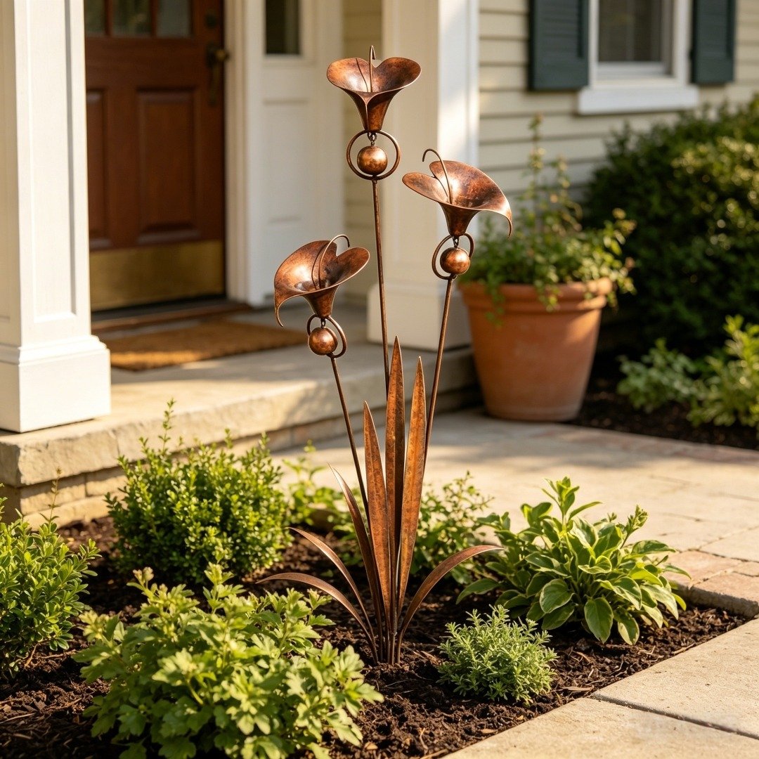 Flamed Copper Three Calla Lilies Garden Stake with Bells