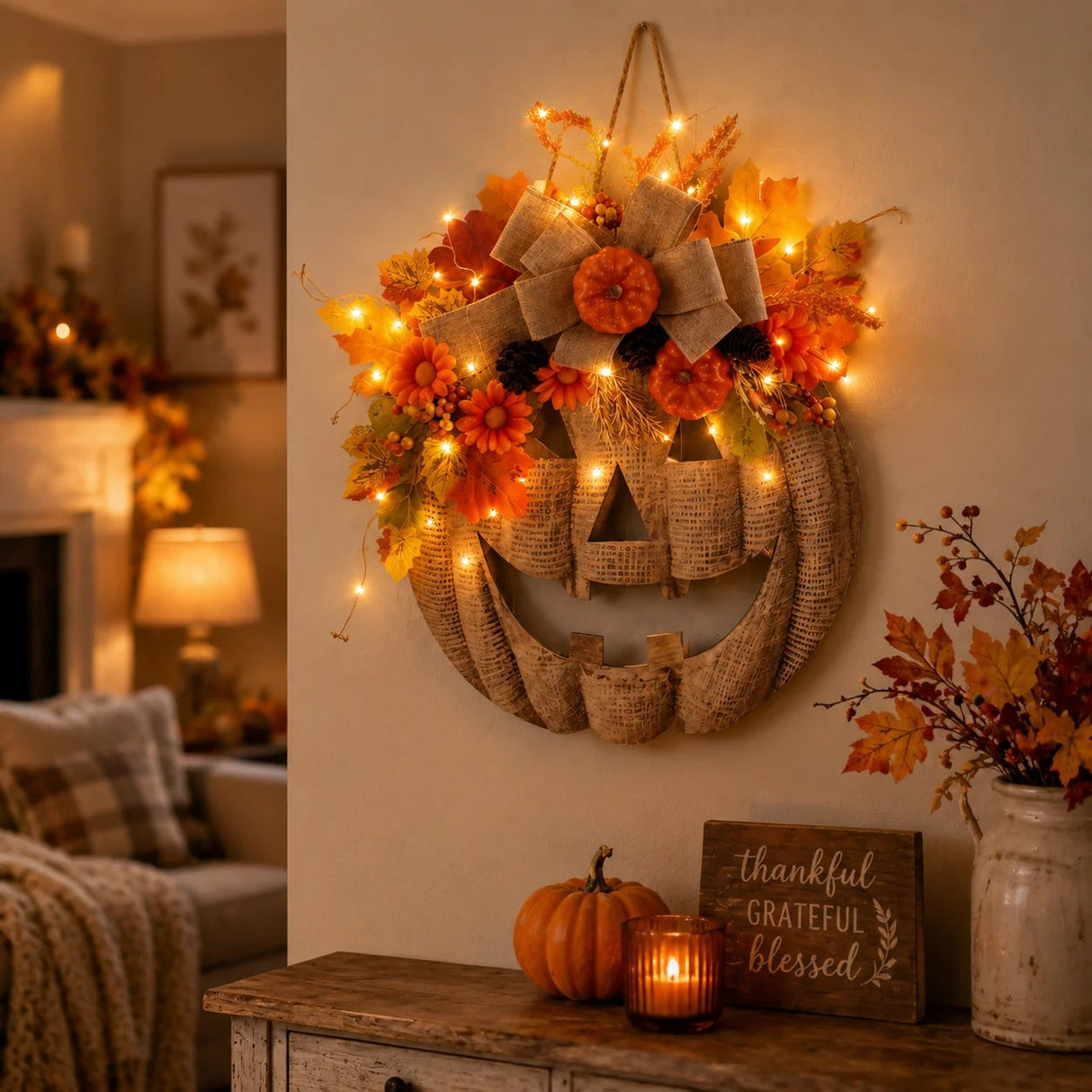 πβ¨ Lighted Burlap Pumpkin Wreath