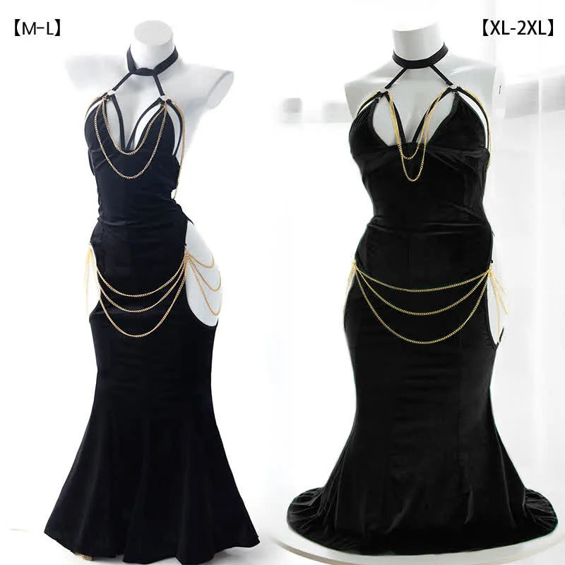 Sexy Halter Hollow Out Backless Chain Fishtail Lingerie Dress