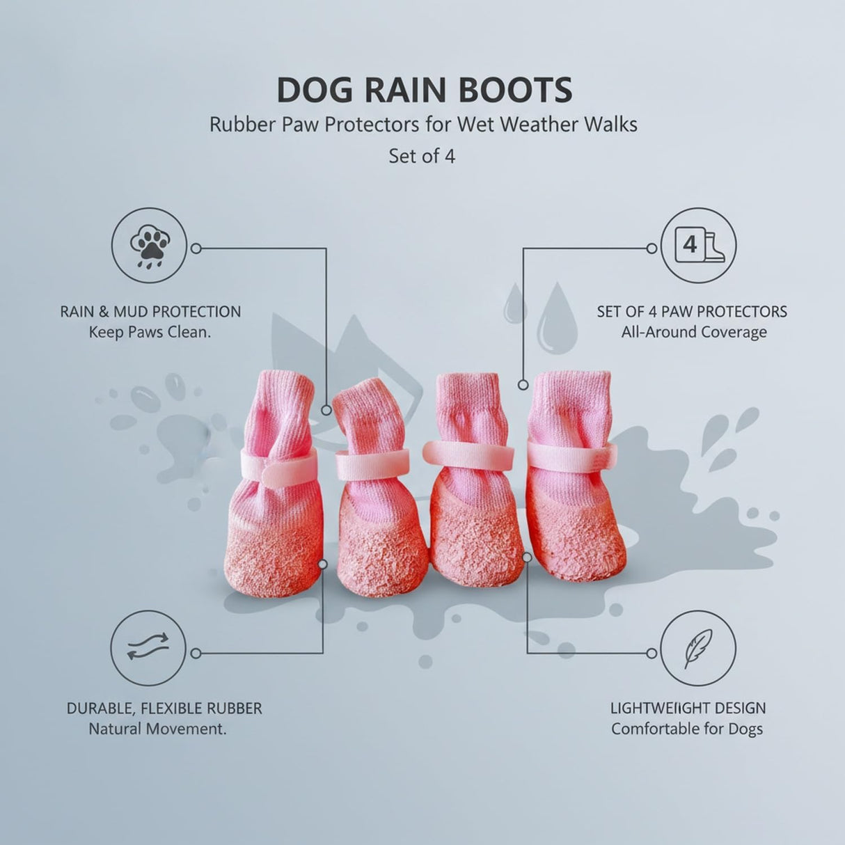 Rubber Rain Boots for Pets. 4-Pack Protective Footwear