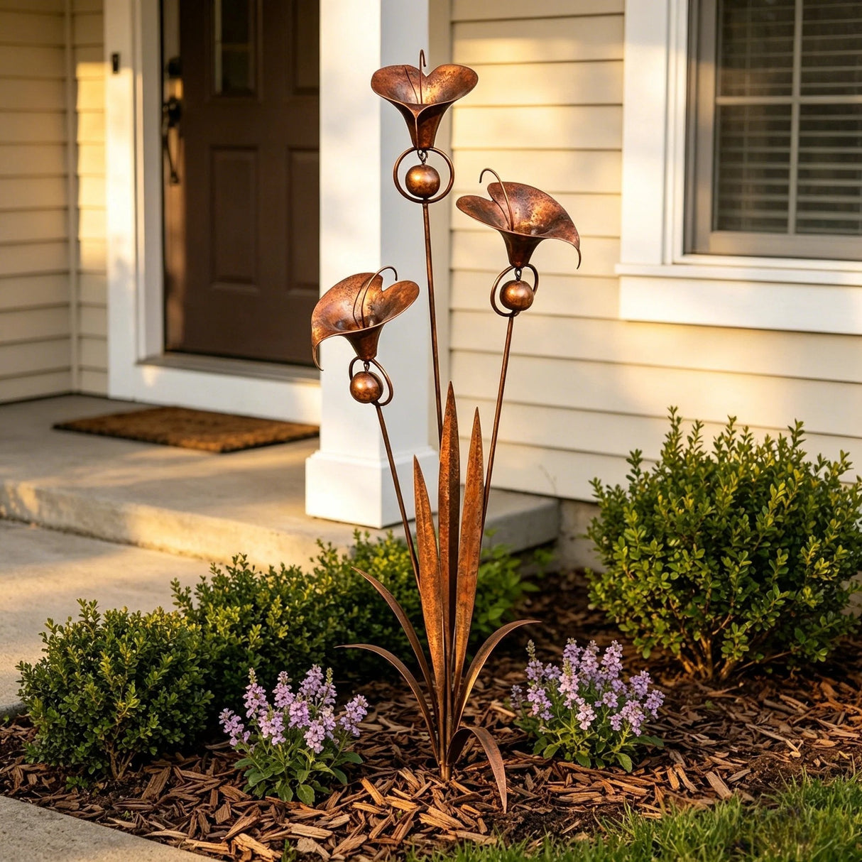 Flamed Copper Three Calla Lilies Garden Stake with Bells