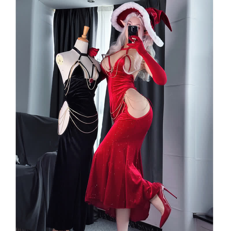 Sexy Halter Hollow Out Backless Chain Fishtail Lingerie Dress