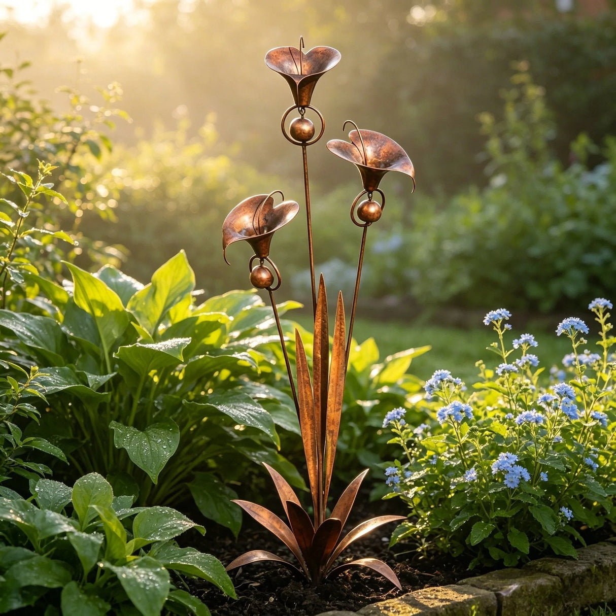 Flamed Copper Three Calla Lilies Garden Stake with Bells