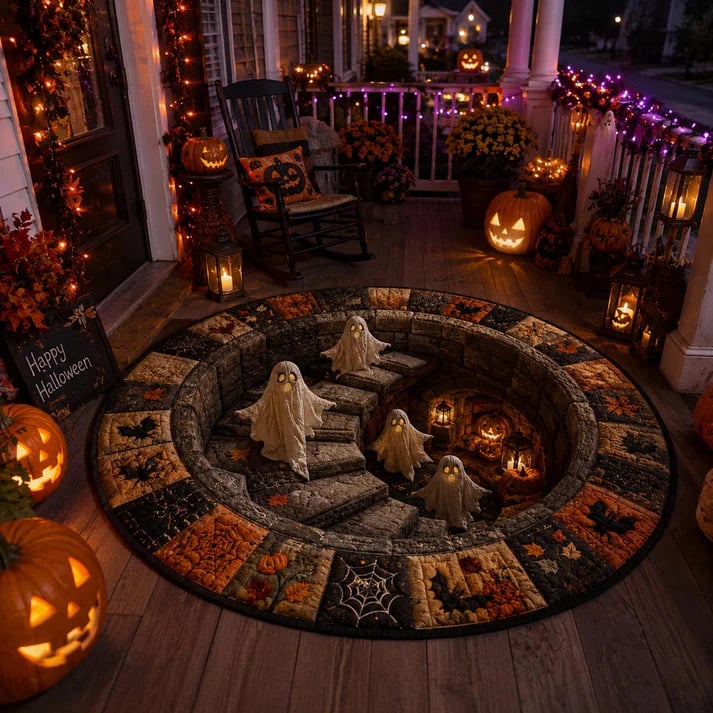 3D Haunted Stairway Round Halloween Rug