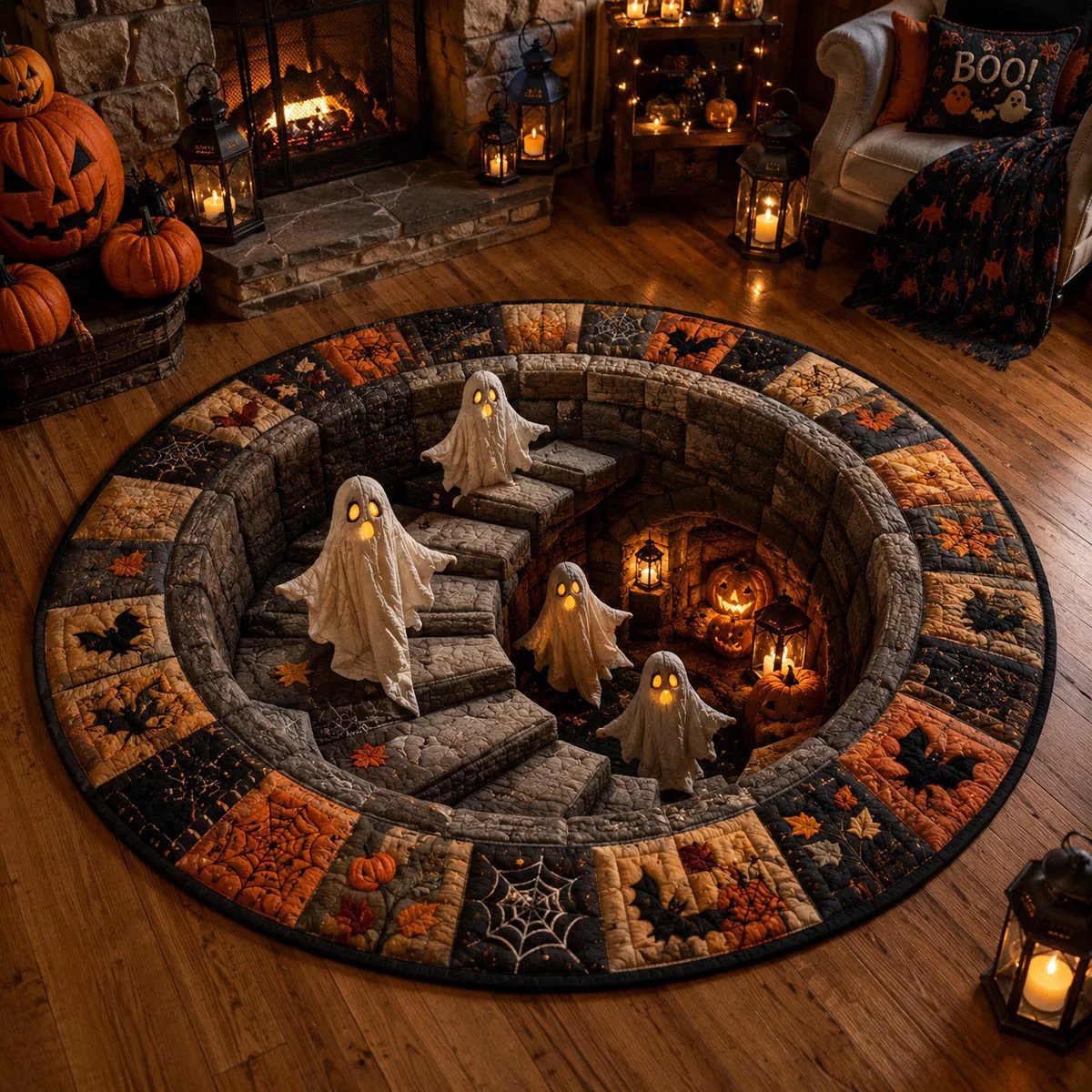 3D Haunted Stairway Round Halloween Rug