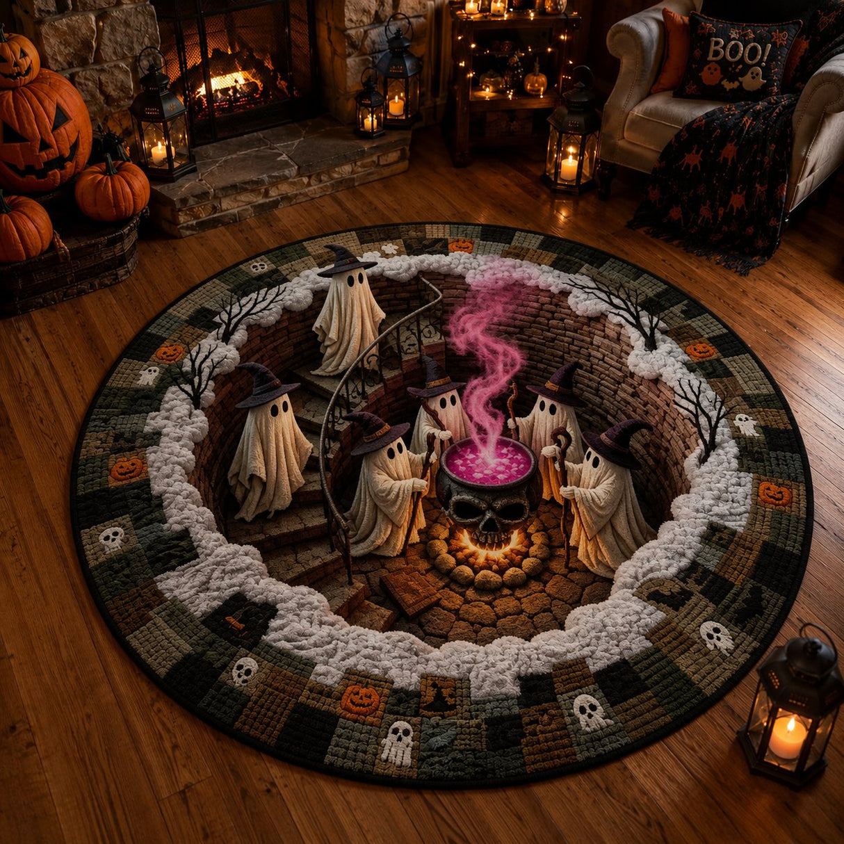 3D Haunted Stairway Round Halloween Rug