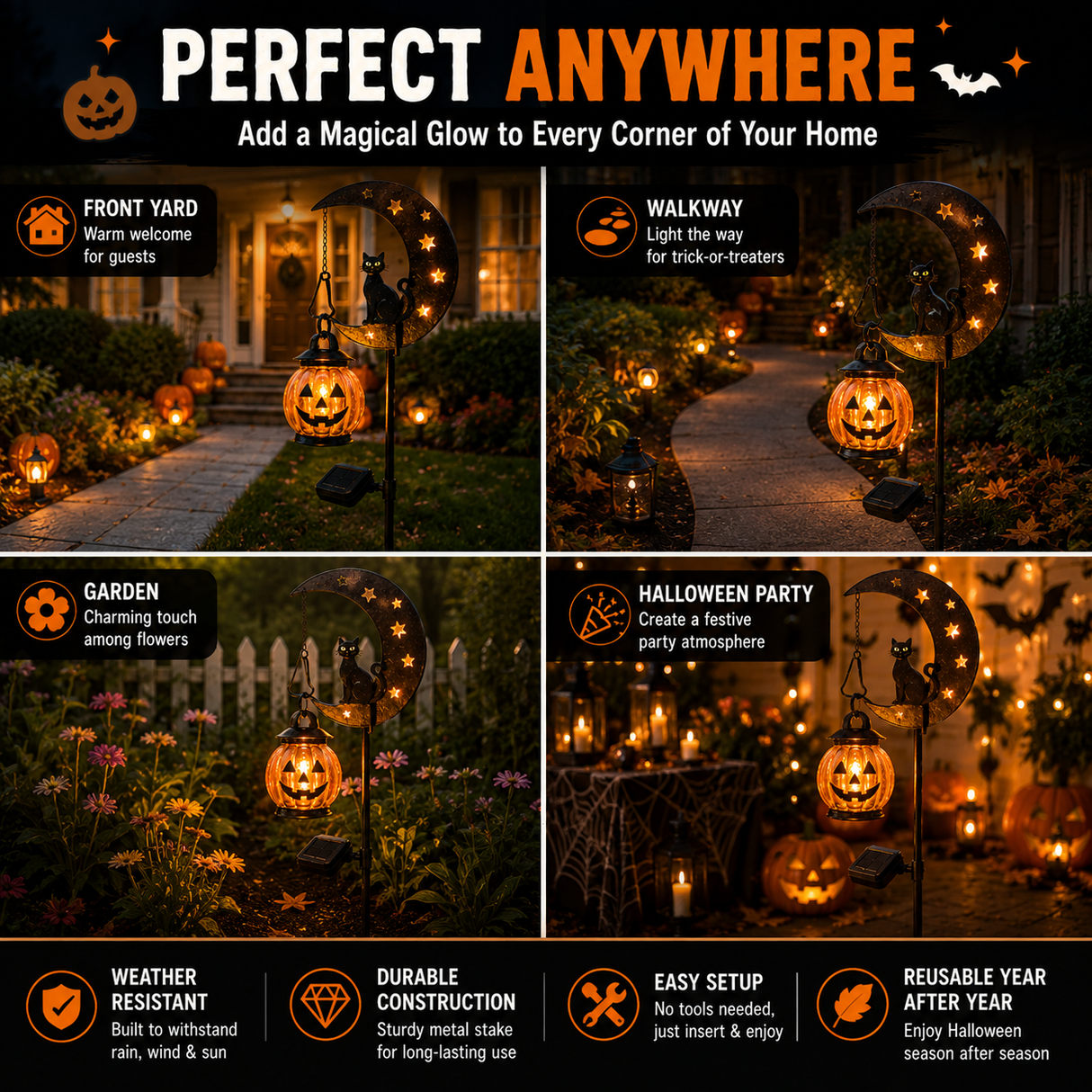 👻 Solar Halloween Garden Stake Light with Black Cat & Pumpkin