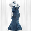 Vestido de lencería sexy con cuello halter, escote en la espalda, cadena y cola de pez