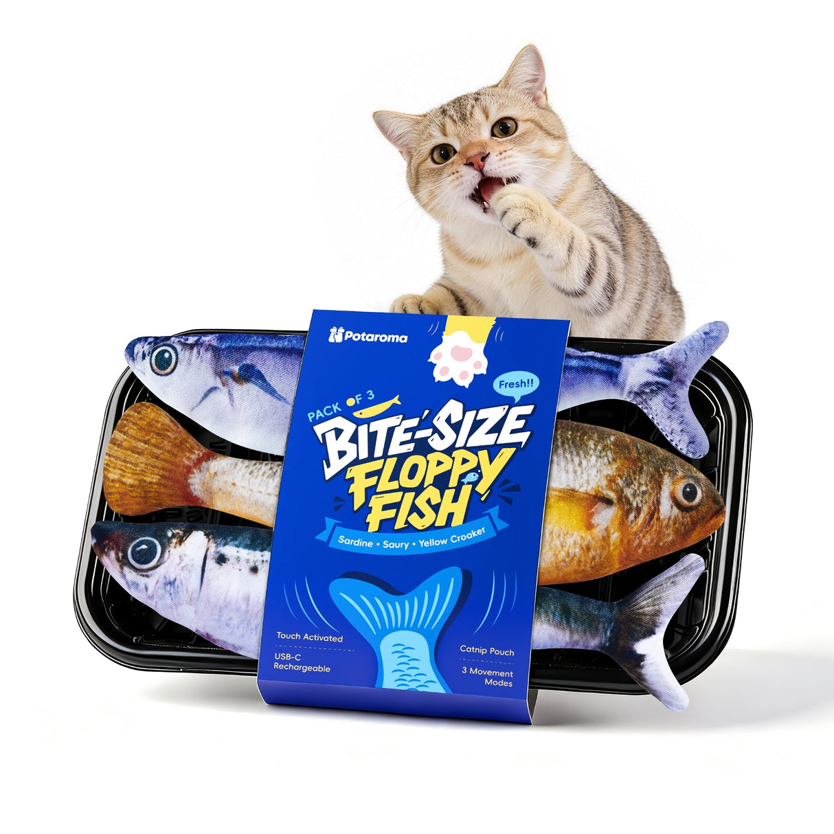 Potaroma Bite-Sized Realistic Flopping Fish Cat Toy, 3-Pack
