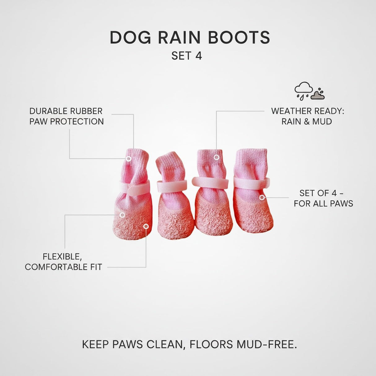 Rubber Rain Boots for Pets. 4-Pack Protective Footwear
