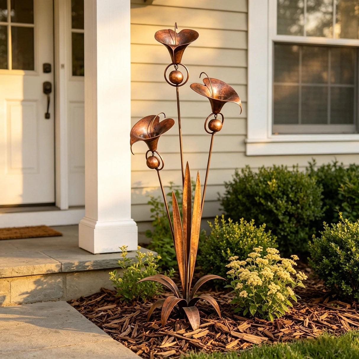 Flamed Copper Three Calla Lilies Garden Stake with Bells