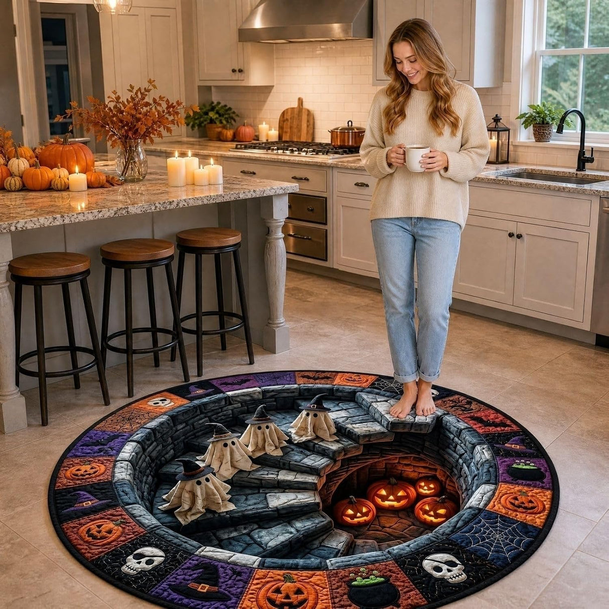 3D Haunted Stairway Round Halloween Rug