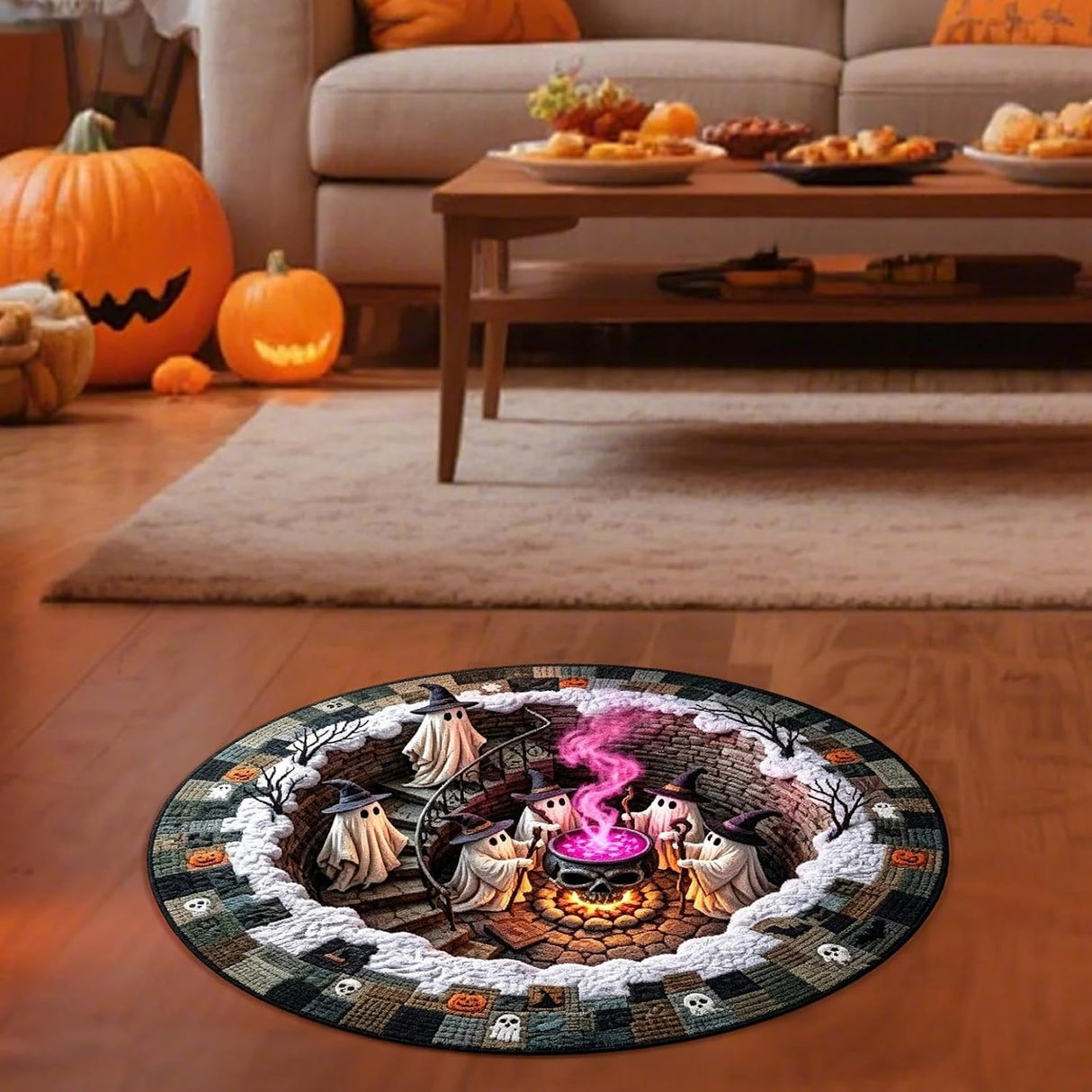 3D Haunted Stairway Round Halloween Rug