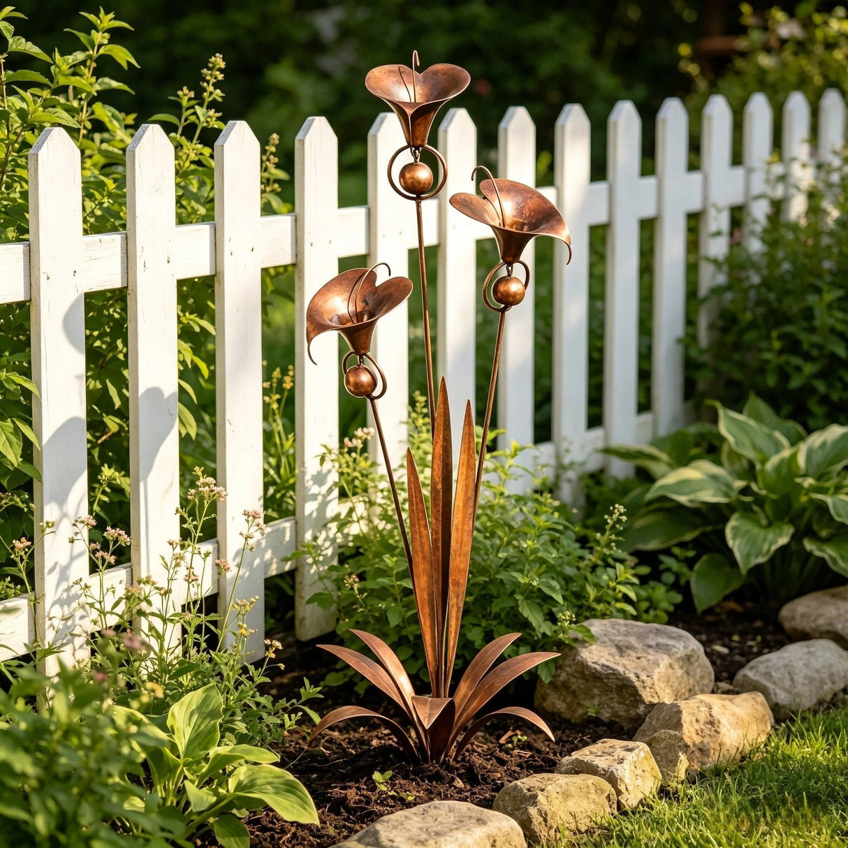 Flamed Copper Three Calla Lilies Garden Stake with Bells
