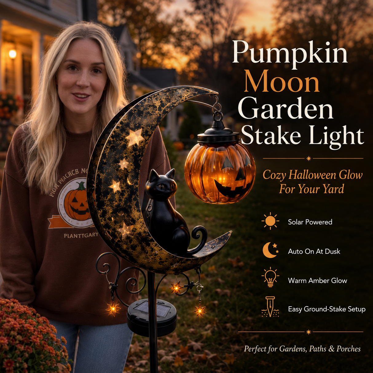 👻 Solar Halloween Garden Stake Light with Black Cat & Pumpkin