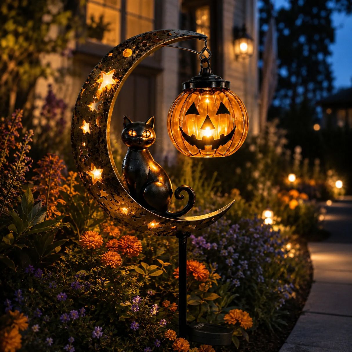 👻 Solar Halloween Garden Stake Light with Black Cat & Pumpkin