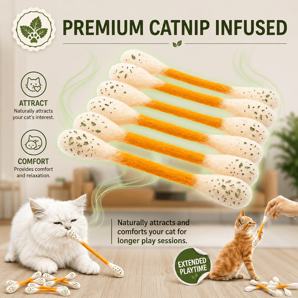 Giant Cotton Swab Cat Toy with Catnip 12PCS