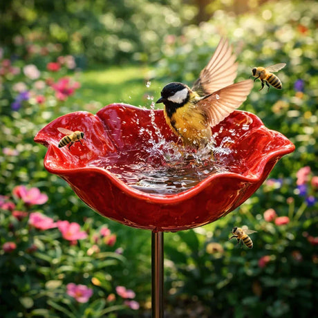 💖Garden Flower Bird Waterer🎁Handmade Metal Flower Garden Stake🐦