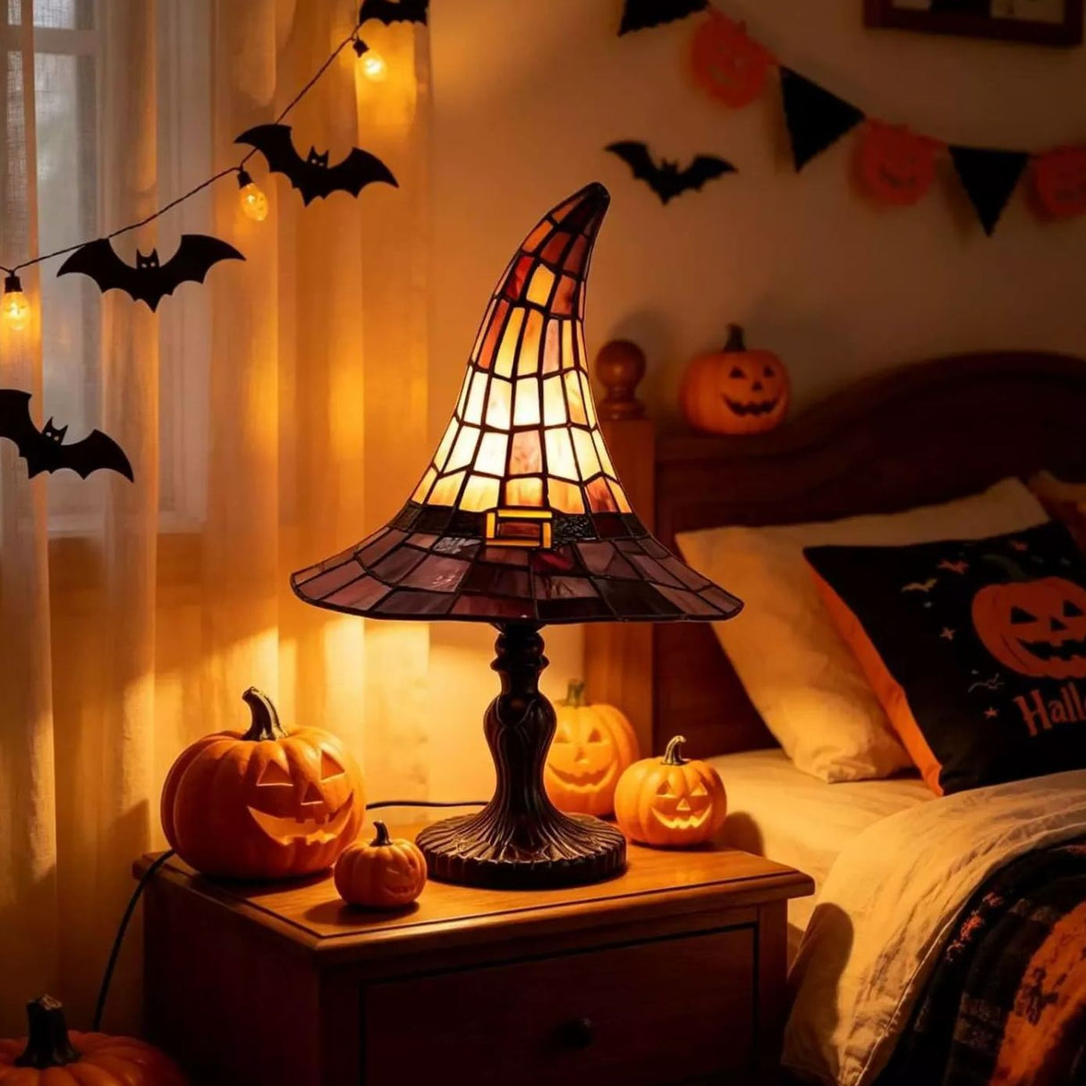 Stained Glass Witch Hat Halloween Lamp