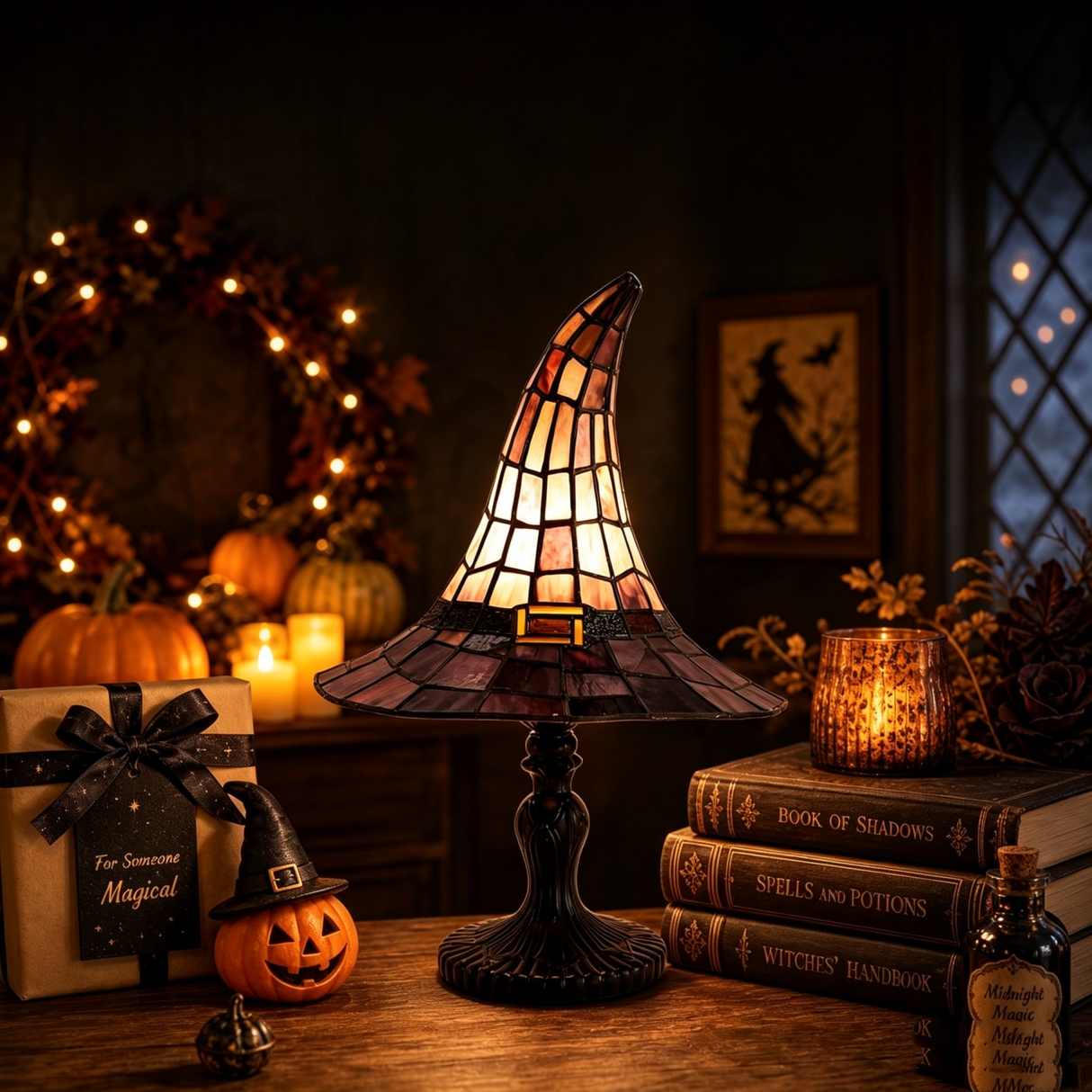 Stained Glass Witch Hat Halloween Lamp