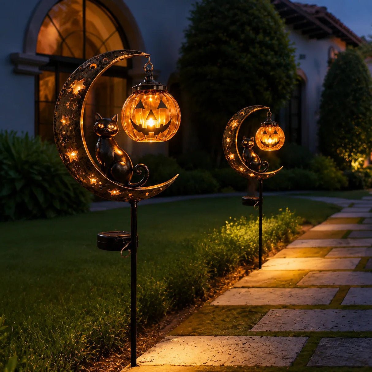 👻 Solar Halloween Garden Stake Light with Black Cat & Pumpkin