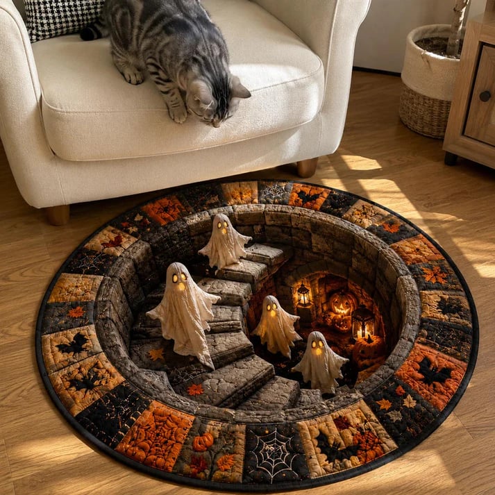 3D Haunted Stairway Round Halloween Rug