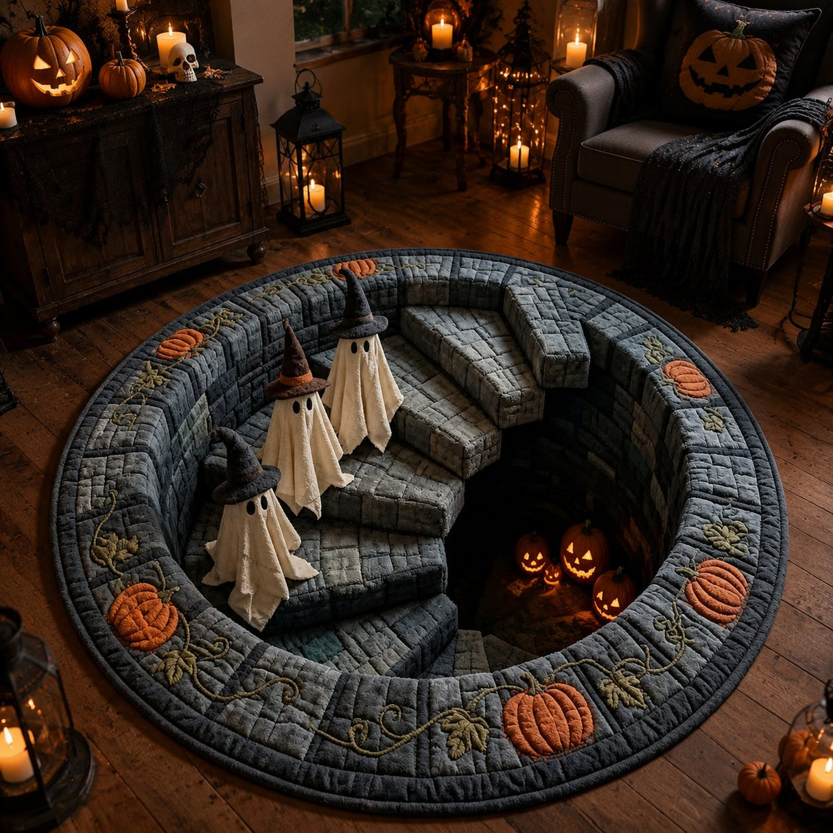 3D Haunted Stairway Round Halloween Rug