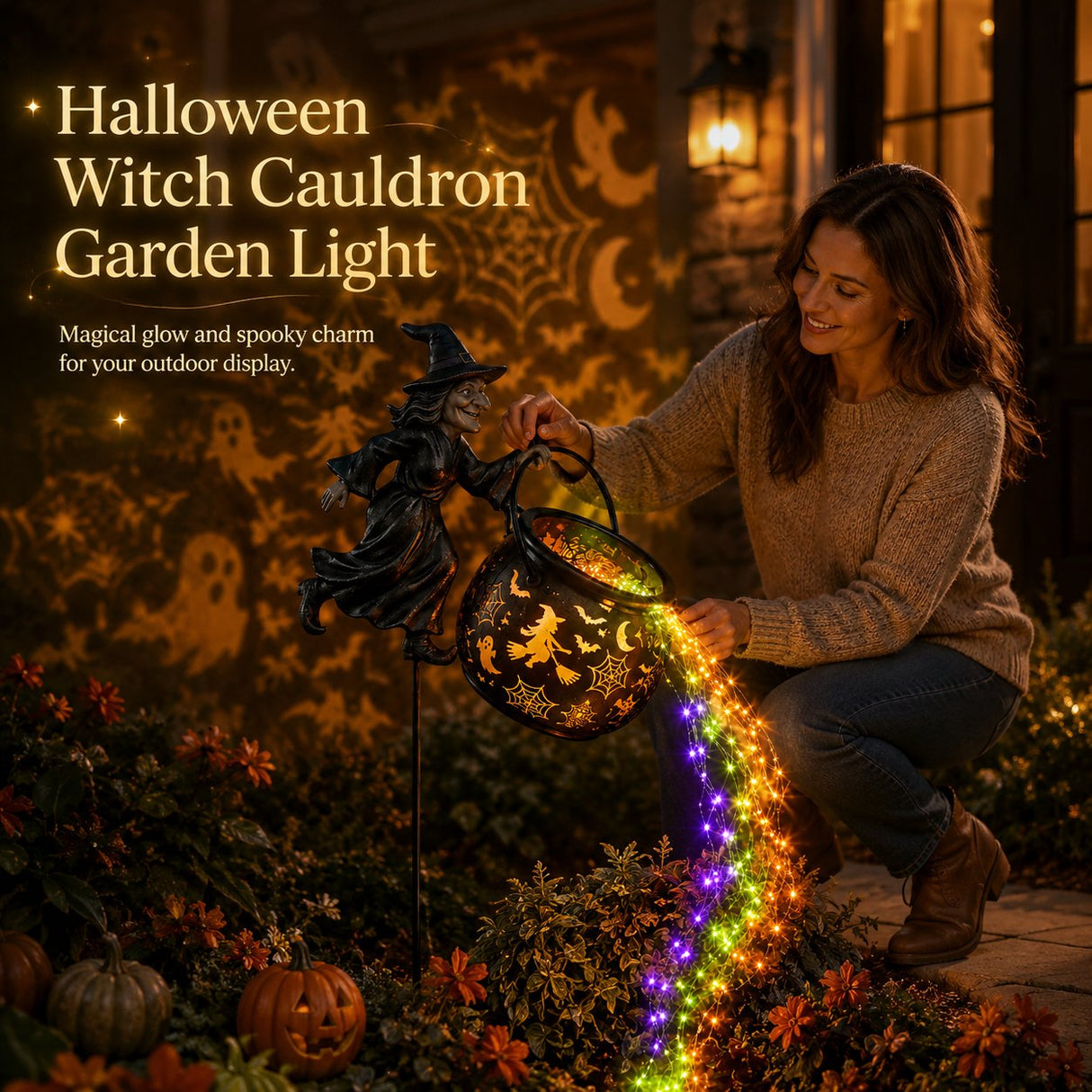 Lighted Flying Witch Cauldron Garden Stake