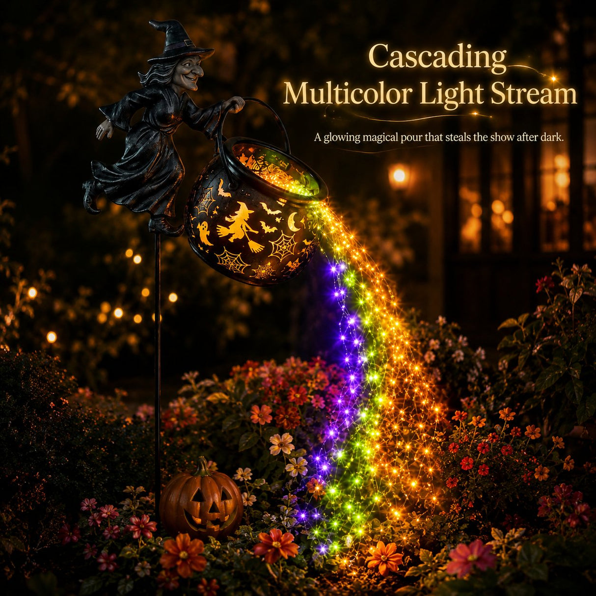 Lighted Flying Witch Cauldron Garden Stake
