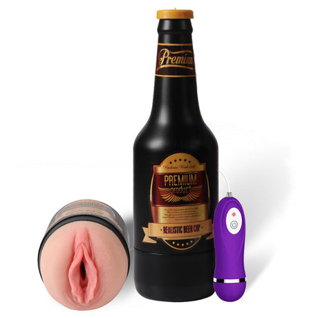 Beer Bottle 10 Vibration Sucking Realistic Pink Vagina Male Masturbator with Remote Control