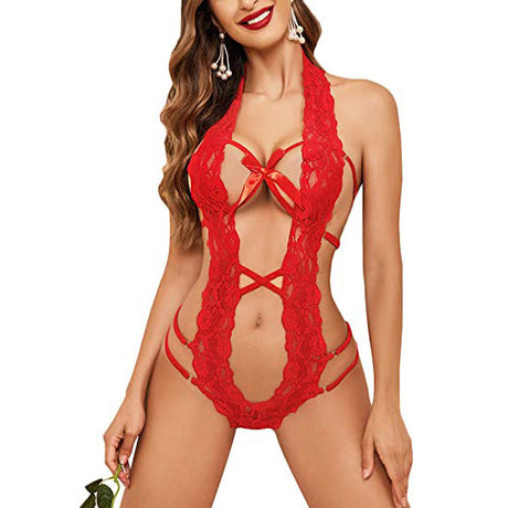 Women Deep V Halter Lingerie Teddy One Piece Bodysuit Lace Babydoll